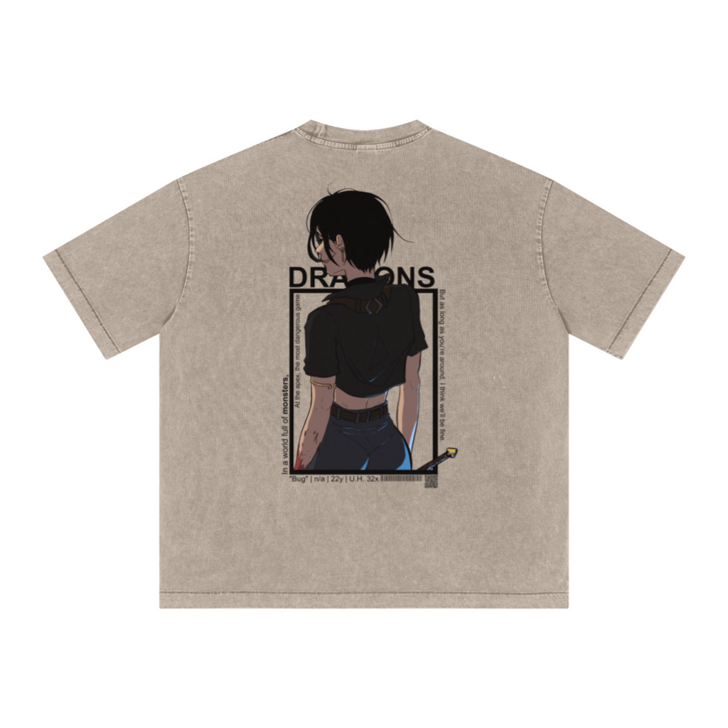 285GSM Unisex Distressed Snow-Wash Batik Plain Fabric T-shirt khaki